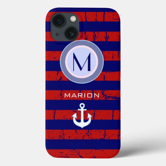 Coques Case-Mate iPhone monogramme bleu&rouge rayures et ancre (Verso)