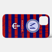 Coques Case-Mate iPhone monogramme bleu&rouge rayures et ancre (Verso (horizontal))