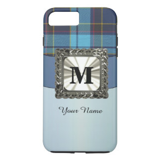 Coque iPhone 7 Plus monogramme bleu tartan plaid personnalisé