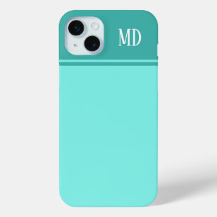 Coque iPhone 15 Mini Monogramme bleu Turquoise simple et joli
