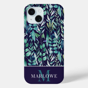 Coque Pour iPhone 15 Monogramme Bleu Vert Aquarelle Motif botanique