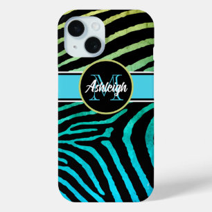 Coque Pour iPhone 15 Monogramme bleu, vert, noir zèbre rayures