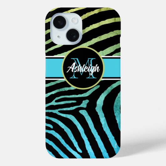 Coques Case-Mate iPhone Monogramme bleu, vert, noir zèbre rayures (Verso)