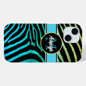 Coques Case-Mate iPhone Monogramme bleu, vert, noir zèbre rayures (Verso (horizontal))