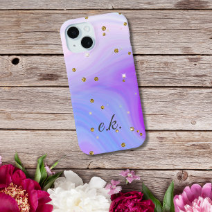 Coque Pour iPhone 15 Monogramme bleu violet rose tourbillon paillettes