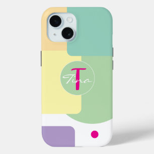 Coque Pour iPhone 15 Monogramme bloc de couleur vert rose coloré