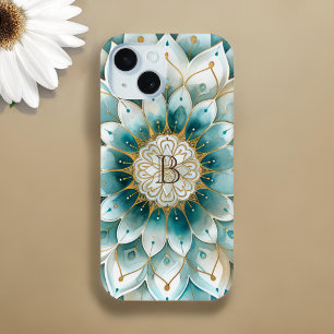 Coque Pour iPhone 15 Monogramme Blue Turquoise or Floral Mandala