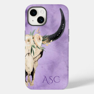 Coque Pour iPhone 14 Monogramme Boho crâne floral sur Arrière - plan po