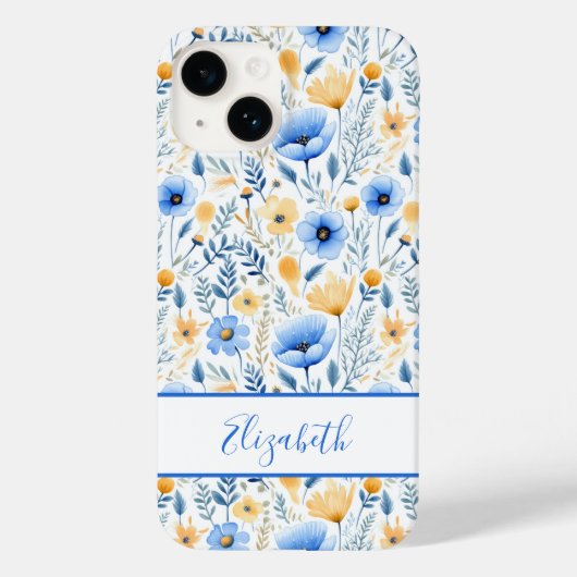 Coques Case-Mate iPhone Monogramme Boho Fleurs sauvages Bleu Jaune Floral (Verso)