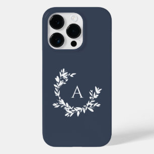 Coque Pour iPhone 14 Pro Monogramme botanique bleu marine initial