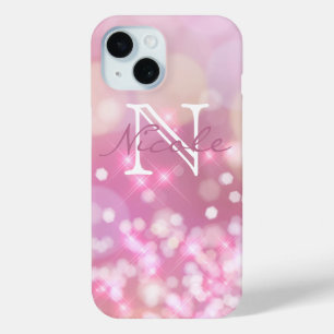 Coque Pour iPhone 15 Monogramme brillant rose étincelles