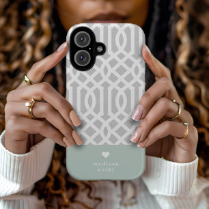 Coques iPhone 16 Monogramme cardiaque de Trellis à la menthe et gri