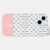 Coques Case-Mate iPhone Monogramme cardiaque rose et gris de Trellis (Verso (horizontal))