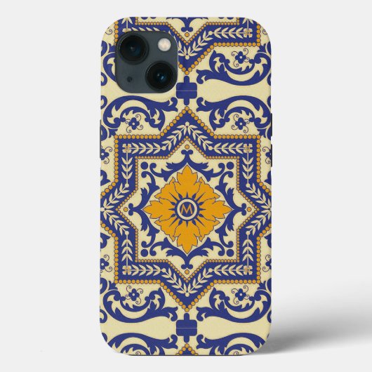 Coques Case-Mate iPhone Monogramme céramique Azulejo Style Bleu Orange cou (Verso)