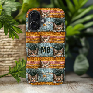 Coques iPhone 16 Monogramme Chats Mignons Tricotés Personnalisés Fé