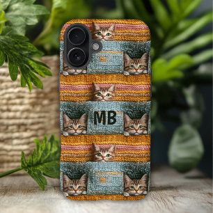 Coques iPhone 16 Plus Monogramme Chats Mignons Tricotés Personnalisés Fé