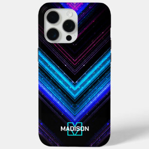 Coque iPhone 15 Pro Max Monogramme chevron métallisé néon aqua violet étin