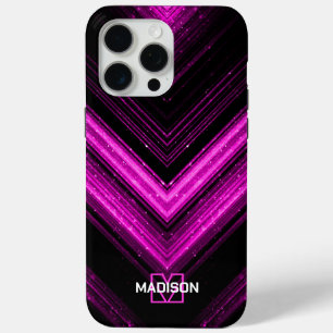 Coque iPhone 15 Pro Max Monogramme chevron métallisé néon rose vif scintil