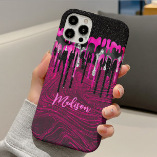 Case-Mate iPhone Case Monogramme chic en rose vif et paillettes noires q