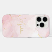 Coques Case-Mate iPhone Monogramme Chic Gold Script sur marbre rose (Verso (horizontal))