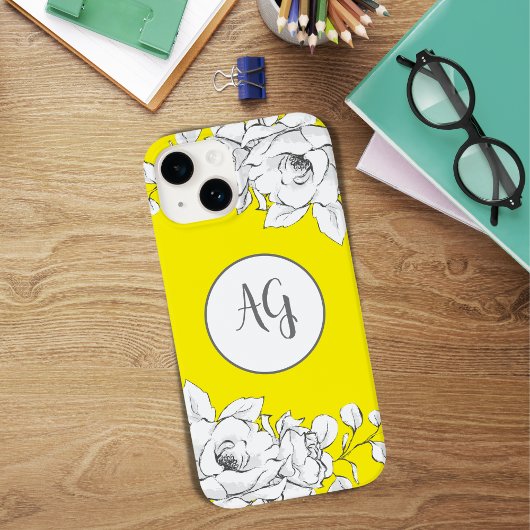 Coques Case-Mate iPhone Monogramme Chic Moderne Jaune Floral Blanc