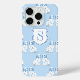 Coque iPhone 15 Pro Monogramme Chiens De Poterie Bleu Et Blanc Élégant