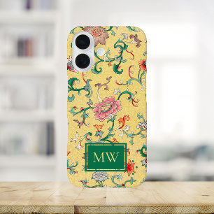 Coques iPhone 16 Monogramme chinois jaune floral personnalisé