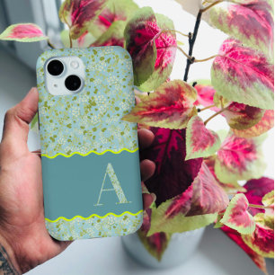 COQUE POUR iPhone 15 MONOGRAMME CLASSÉ UN BÉBÉ BLEU FLORAL BOTANIQUE
