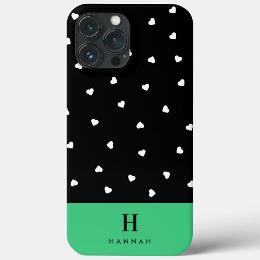 Coques Case-Mate iPhone Monogramme Classique Coeurs Élégants Noir et Vert (Verso)