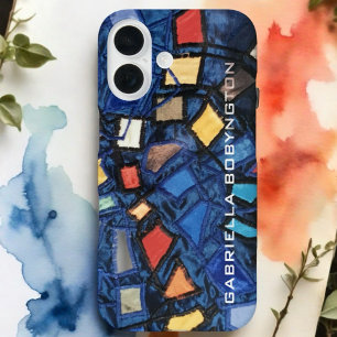 Coques iPhone 16 monogramme coloré bleu marine rouge jaune géométri