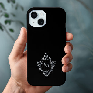 Coque Pour iPhone 15 Monogramme Crest Black Grey Vintage Élégant initia