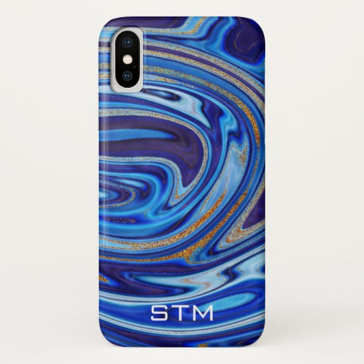 Coques Case-Mate iPhone Monogramme d'Agate de marbre bleu et or (Dos)