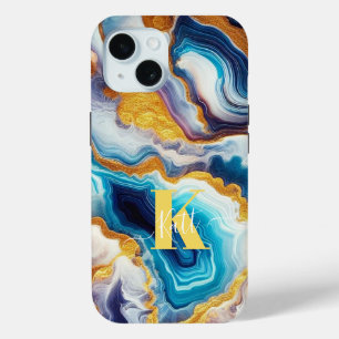 Coque Pour iPhone 15 Monogramme d'âge doré Aqua Turquoise personnalisé