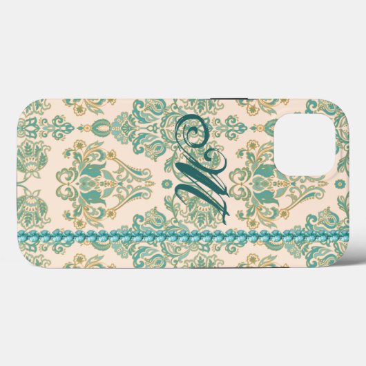 Coques Case-Mate iPhone Monogramme Damas Turquoise, Faux Pearls iPhone 13 (Verso (horizontal))