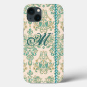 Coques Case-Mate iPhone Monogramme Damas Turquoise, Faux Pearls iPhone 13 (Verso)