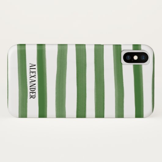 Coques Case-Mate iPhone Monogramme d'aquarelle à rayures vert et blanc (Dos (Horizontal))