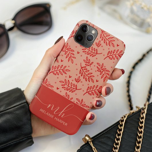 Coques Case-Mate iPhone monogramme d'aquarelle botanique rouge moderne