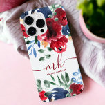 Case-Mate iPhone Case monogramme d'aquarelle fleurie rouge rustique<br><div class="desc">Coque monogramme rustique bleu rouge élégant à couleur florale avec de jolies pivoines rouges peintes,  fleurs bleu marine,  feuilles verts et bouquet.</div>