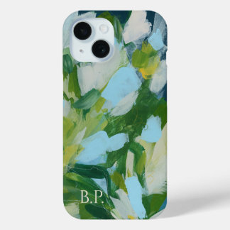 Coque Pour iPhone 15 Monogramme d'art Abstrait vert Nom personnalisé