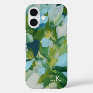 Coques iPhone 16 Monogramme d'art Abstrait vert Nom personnalisé