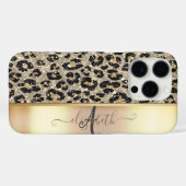 Coques Case-Mate iPhone Monogramme de bronze noir Motif léopard (Verso (horizontal))