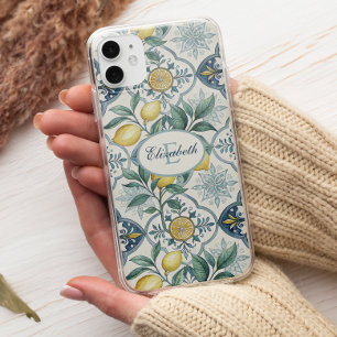 Coque Pour iPhone 14 Monogramme de carreau bleu motif de citron de camp