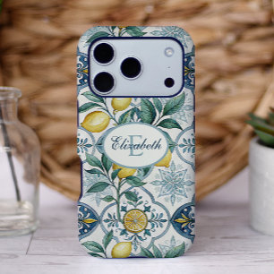 Coque Pour iPhone 14 Monogramme de carreau bleu motif de citron de camp