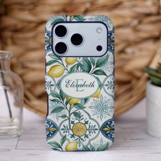 Coques Case-Mate iPhone Monogramme de carreau bleu motif de citron de camp
