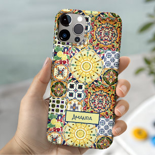 Coque Pour iPhone 15 Monogramme de carreaux orange méditerranéen géomét