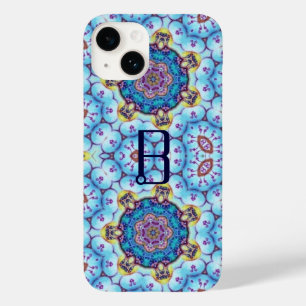 COQUES POUR iPhone MONOGRAMME DE CERCLES EN FRACTAL BLEU ROSE