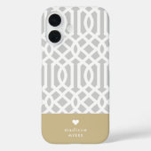 Coques Case-Mate iPhone Monogramme de coeur gris et or Trellis (Verso)