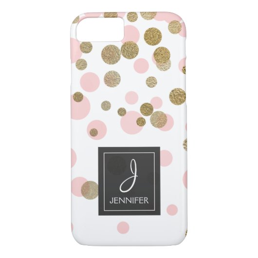 Coques Case-Mate iPhone Monogramme de confetti rose, blanc et or (Dos)