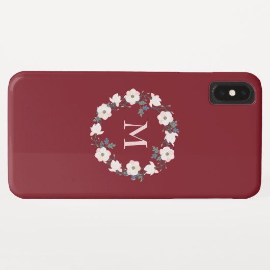 Coques Case-Mate iPhone Monogramme de couronne de fleurs rose bordeaux (Dos (Horizontal))