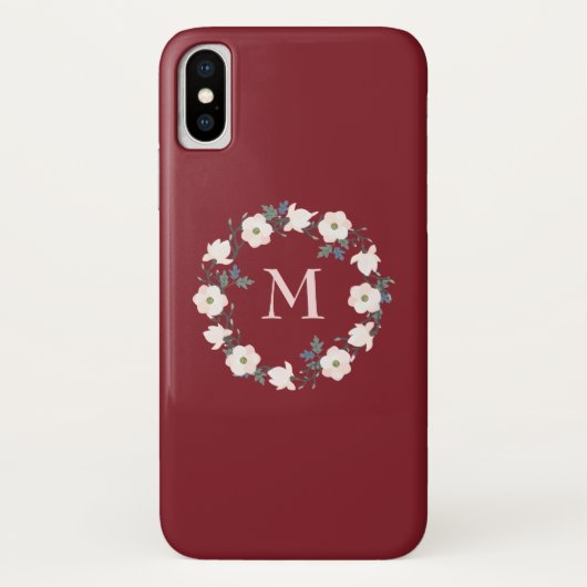 Coques Case-Mate iPhone Monogramme de couronne de fleurs rose bordeaux (Dos)